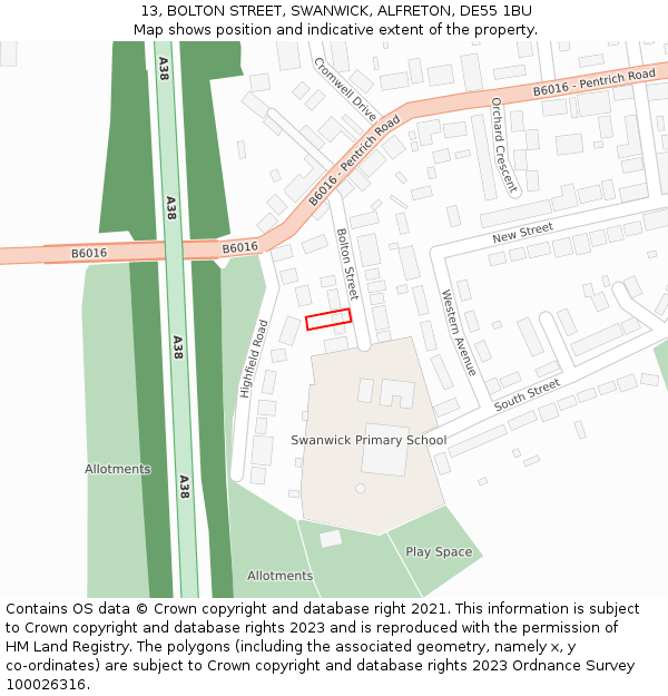 13, BOLTON STREET, SWANWICK, ALFRETON, DE55 1BU: Location map and indicative extent of plot