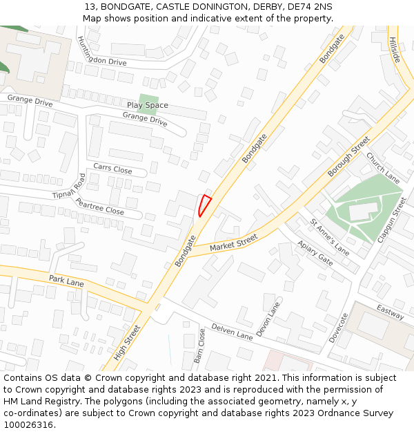 13, BONDGATE, CASTLE DONINGTON, DERBY, DE74 2NS: Location map and indicative extent of plot