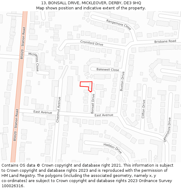 13, BONSALL DRIVE, MICKLEOVER, DERBY, DE3 9HQ: Location map and indicative extent of plot