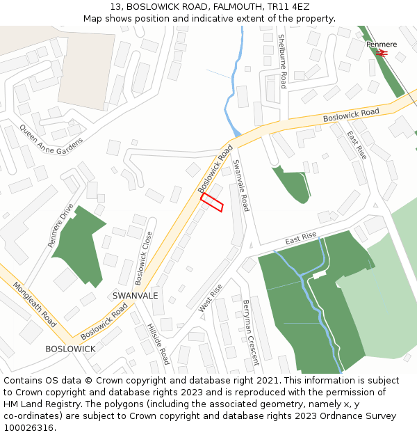 13, BOSLOWICK ROAD, FALMOUTH, TR11 4EZ: Location map and indicative extent of plot