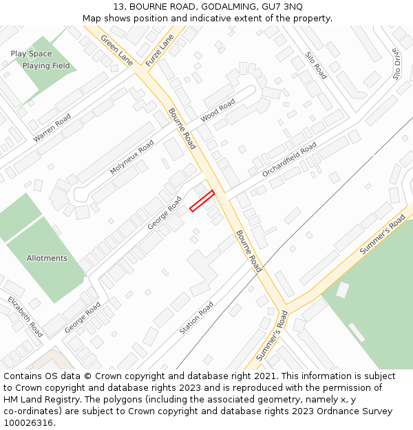 13, BOURNE ROAD, GODALMING, GU7 3NQ: Location map and indicative extent of plot