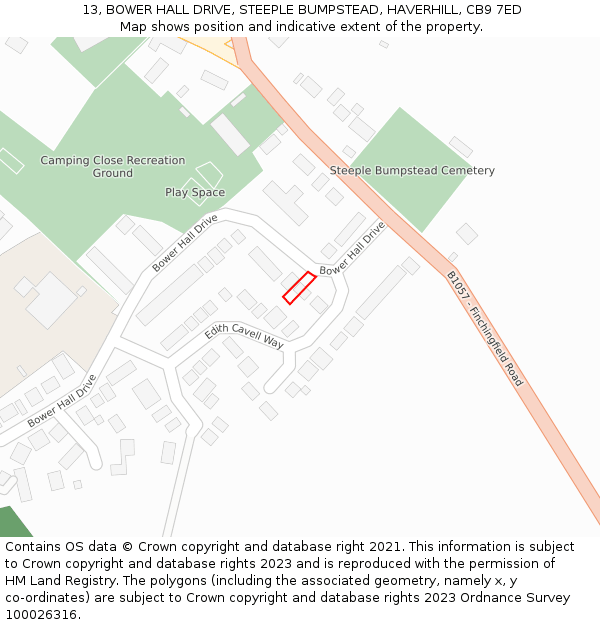 13, BOWER HALL DRIVE, STEEPLE BUMPSTEAD, HAVERHILL, CB9 7ED: Location map and indicative extent of plot