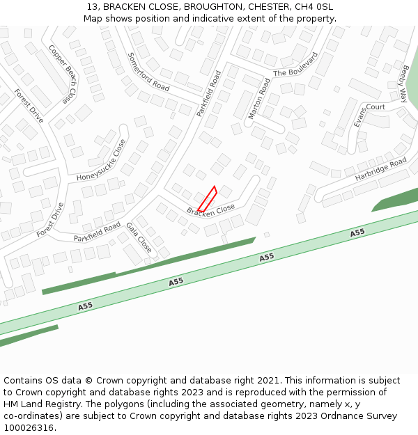 13, BRACKEN CLOSE, BROUGHTON, CHESTER, CH4 0SL: Location map and indicative extent of plot
