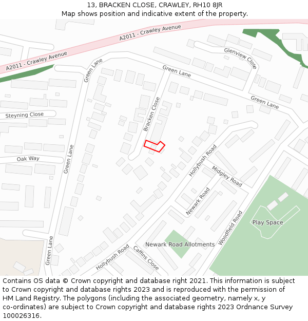 13, BRACKEN CLOSE, CRAWLEY, RH10 8JR: Location map and indicative extent of plot