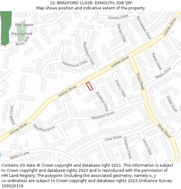 13, BRADFORD CLOSE, EXMOUTH, EX8 5PF: Location map and indicative extent of plot