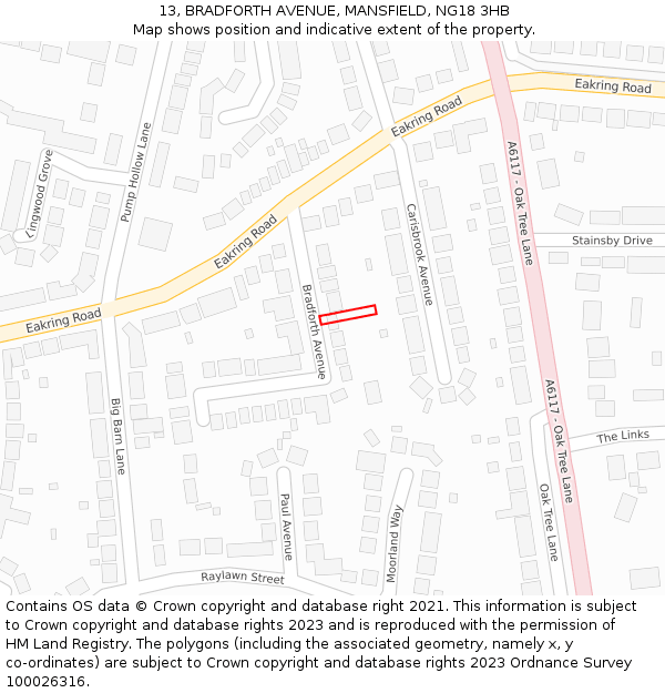 13, BRADFORTH AVENUE, MANSFIELD, NG18 3HB: Location map and indicative extent of plot