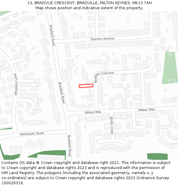 13, BRADVUE CRESCENT, BRADVILLE, MILTON KEYNES, MK13 7AH: Location map and indicative extent of plot