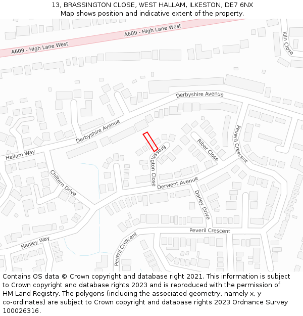 13, BRASSINGTON CLOSE, WEST HALLAM, ILKESTON, DE7 6NX: Location map and indicative extent of plot