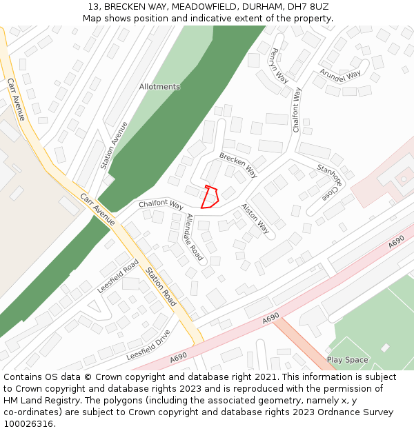 13, BRECKEN WAY, MEADOWFIELD, DURHAM, DH7 8UZ: Location map and indicative extent of plot