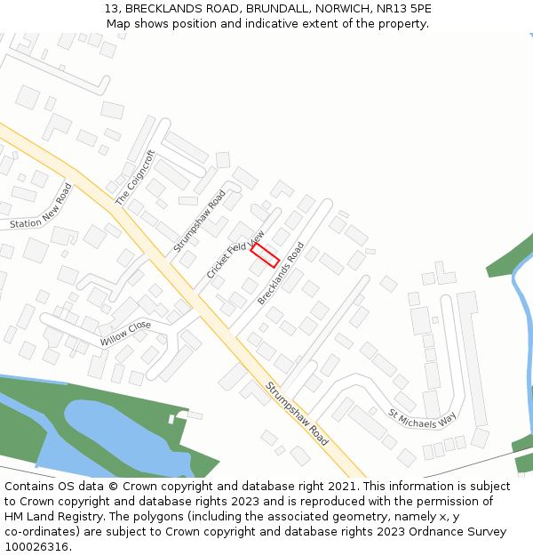 13, BRECKLANDS ROAD, BRUNDALL, NORWICH, NR13 5PE: Location map and indicative extent of plot