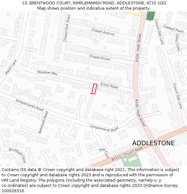 13, BRENTWOOD COURT, SIMPLEMARSH ROAD, ADDLESTONE, KT15 1QG: Location map and indicative extent of plot