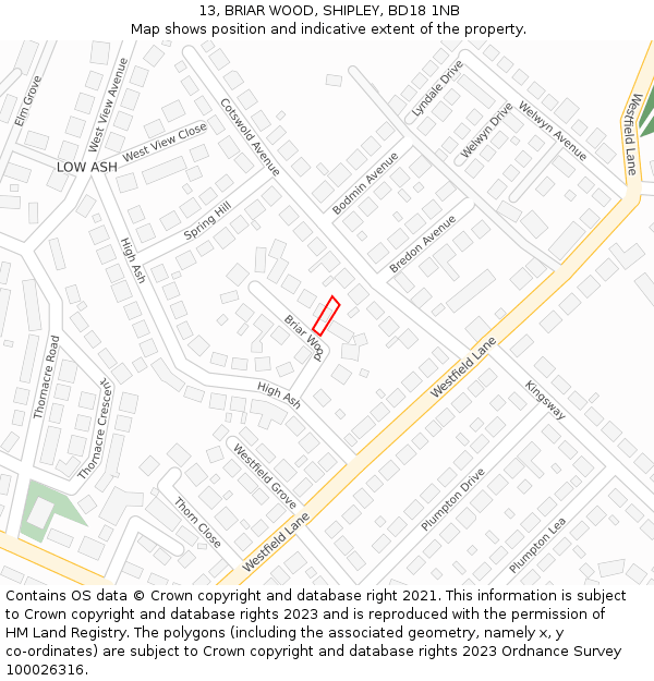 13, BRIAR WOOD, SHIPLEY, BD18 1NB: Location map and indicative extent of plot