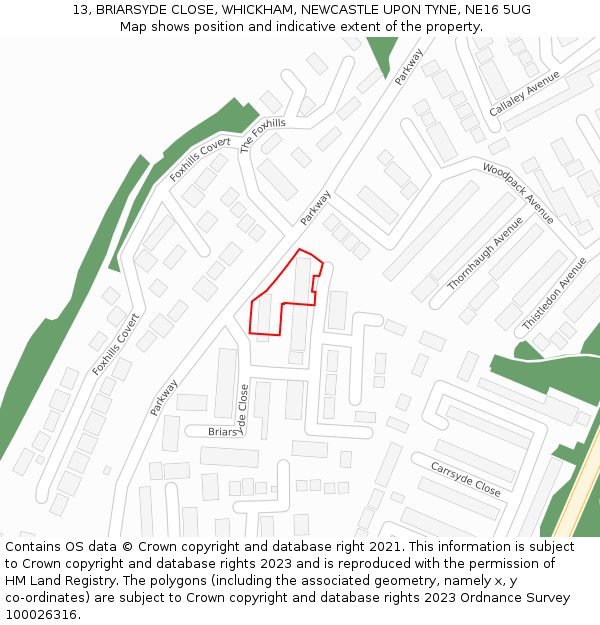 13, BRIARSYDE CLOSE, WHICKHAM, NEWCASTLE UPON TYNE, NE16 5UG: Location map and indicative extent of plot