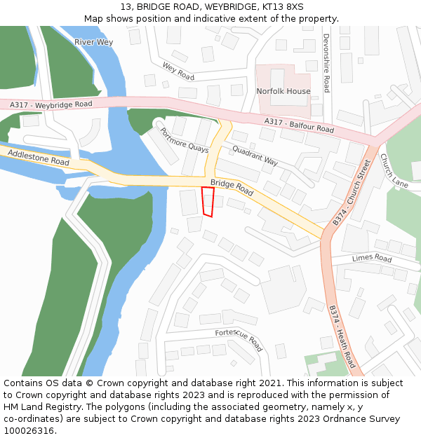 13, BRIDGE ROAD, WEYBRIDGE, KT13 8XS: Location map and indicative extent of plot