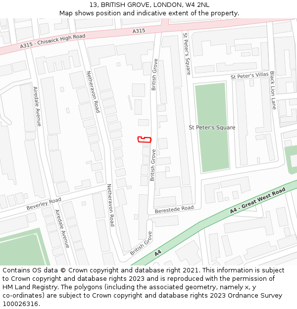 13, BRITISH GROVE, LONDON, W4 2NL: Location map and indicative extent of plot