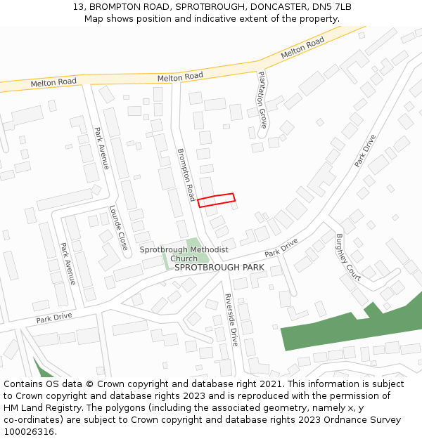 13, BROMPTON ROAD, SPROTBROUGH, DONCASTER, DN5 7LB: Location map and indicative extent of plot