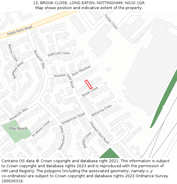 13, BROOK CLOSE, LONG EATON, NOTTINGHAM, NG10 1QA: Location map and indicative extent of plot