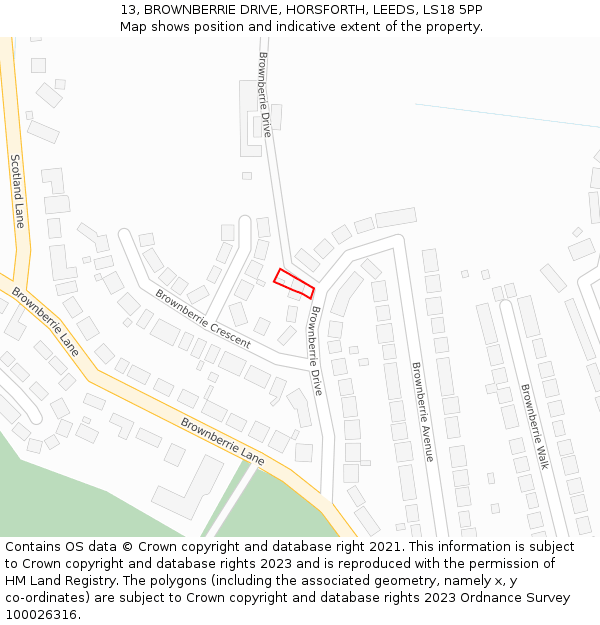 13, BROWNBERRIE DRIVE, HORSFORTH, LEEDS, LS18 5PP: Location map and indicative extent of plot