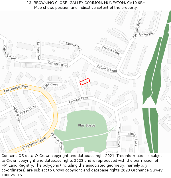 13, BROWNING CLOSE, GALLEY COMMON, NUNEATON, CV10 9RH: Location map and indicative extent of plot