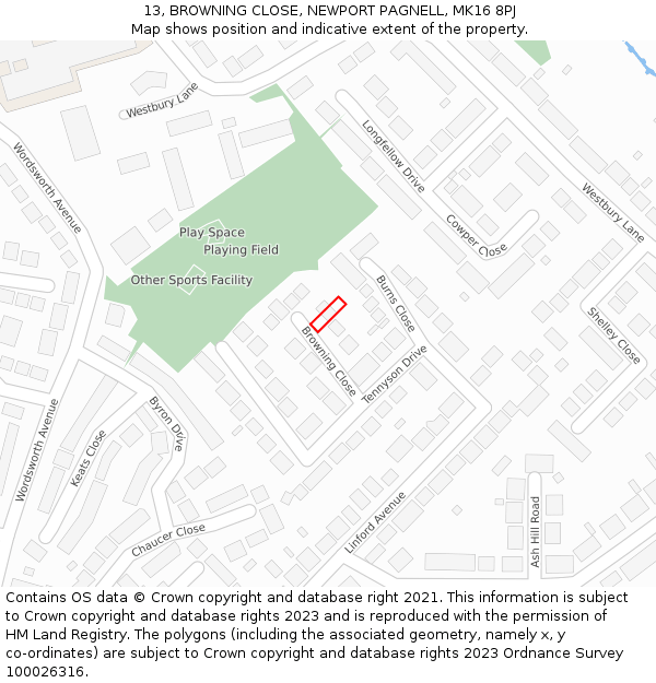 13, BROWNING CLOSE, NEWPORT PAGNELL, MK16 8PJ: Location map and indicative extent of plot