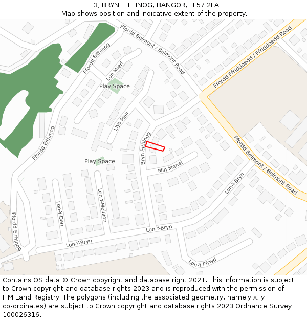 13, BRYN EITHINOG, BANGOR, LL57 2LA: Location map and indicative extent of plot