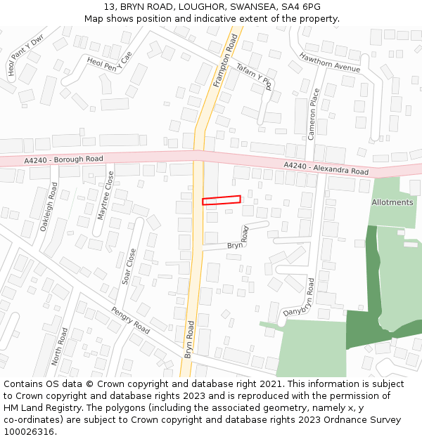 13, BRYN ROAD, LOUGHOR, SWANSEA, SA4 6PG: Location map and indicative extent of plot