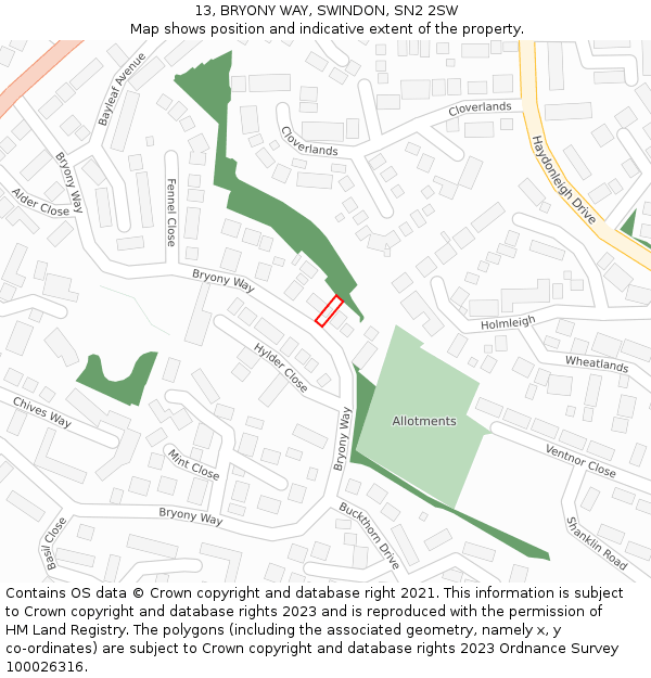 13, BRYONY WAY, SWINDON, SN2 2SW: Location map and indicative extent of plot