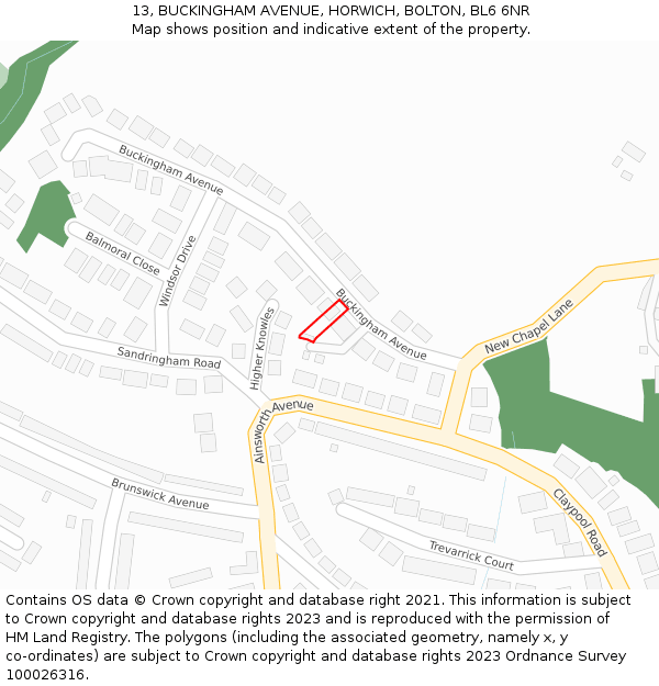 13, BUCKINGHAM AVENUE, HORWICH, BOLTON, BL6 6NR: Location map and indicative extent of plot