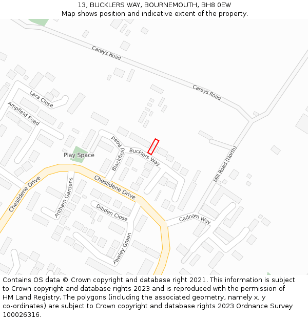 13, BUCKLERS WAY, BOURNEMOUTH, BH8 0EW: Location map and indicative extent of plot