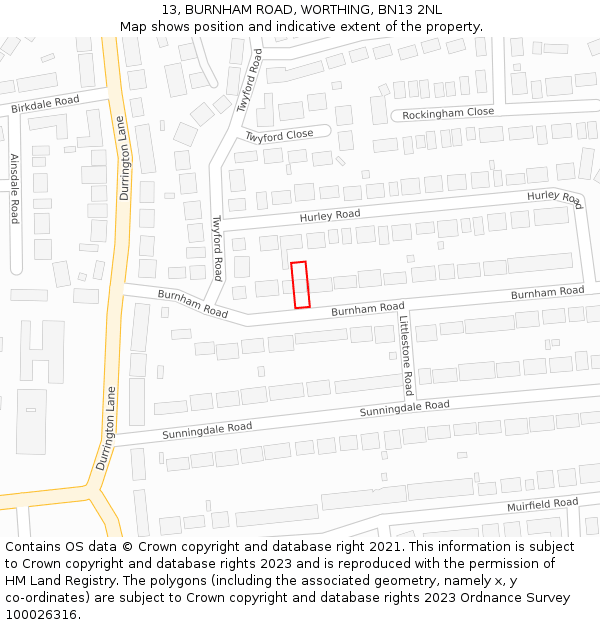 13, BURNHAM ROAD, WORTHING, BN13 2NL: Location map and indicative extent of plot