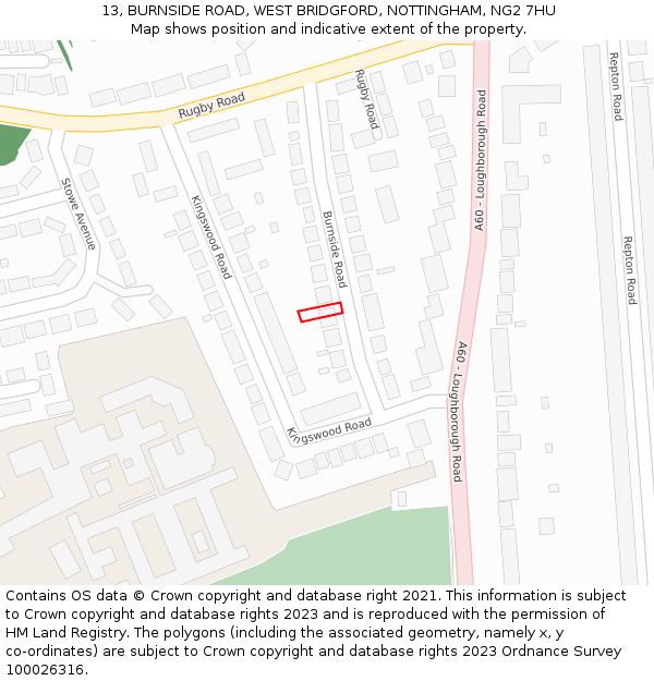 13, BURNSIDE ROAD, WEST BRIDGFORD, NOTTINGHAM, NG2 7HU: Location map and indicative extent of plot