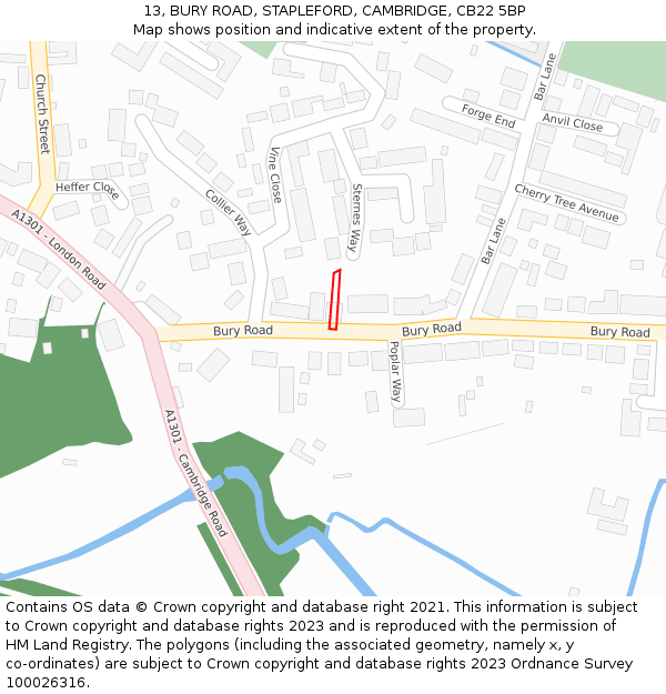 13, BURY ROAD, STAPLEFORD, CAMBRIDGE, CB22 5BP: Location map and indicative extent of plot