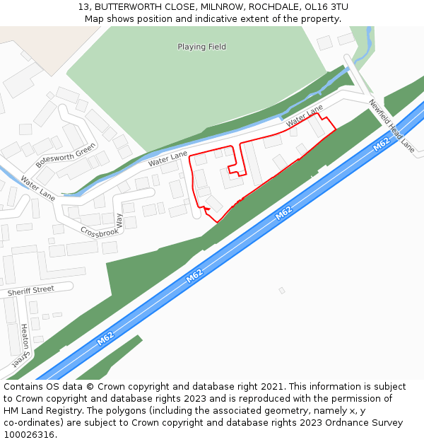 13, BUTTERWORTH CLOSE, MILNROW, ROCHDALE, OL16 3TU: Location map and indicative extent of plot