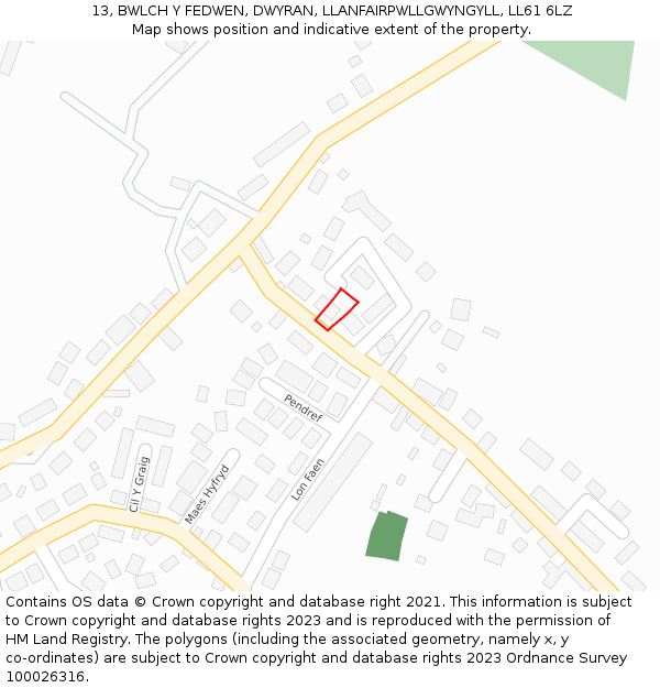 13, BWLCH Y FEDWEN, DWYRAN, LLANFAIRPWLLGWYNGYLL, LL61 6LZ: Location map and indicative extent of plot