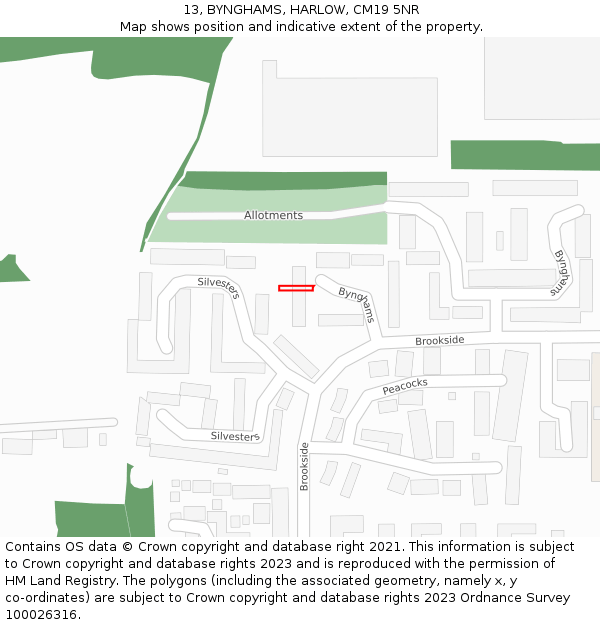 13, BYNGHAMS, HARLOW, CM19 5NR: Location map and indicative extent of plot