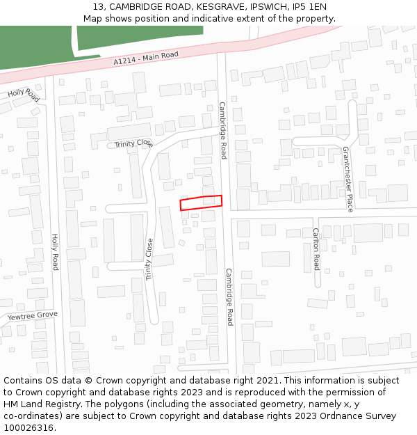 13, CAMBRIDGE ROAD, KESGRAVE, IPSWICH, IP5 1EN: Location map and indicative extent of plot