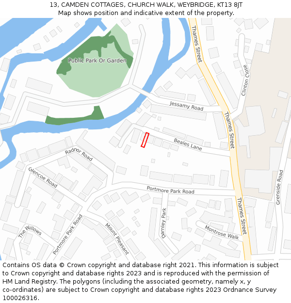 13, CAMDEN COTTAGES, CHURCH WALK, WEYBRIDGE, KT13 8JT: Location map and indicative extent of plot