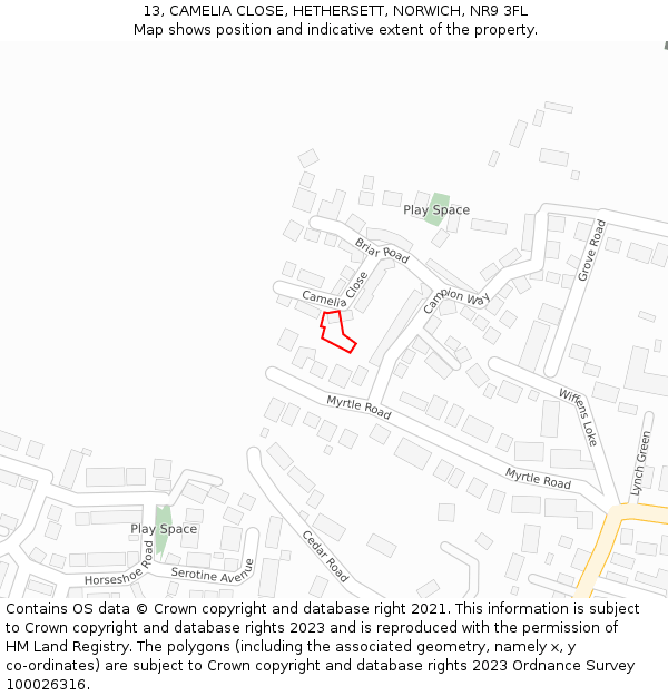 13, CAMELIA CLOSE, HETHERSETT, NORWICH, NR9 3FL: Location map and indicative extent of plot