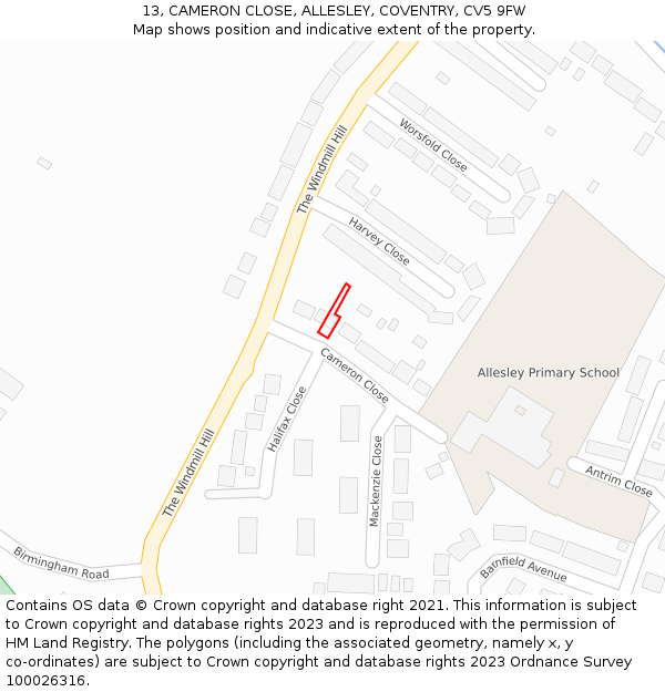 13, CAMERON CLOSE, ALLESLEY, COVENTRY, CV5 9FW: Location map and indicative extent of plot