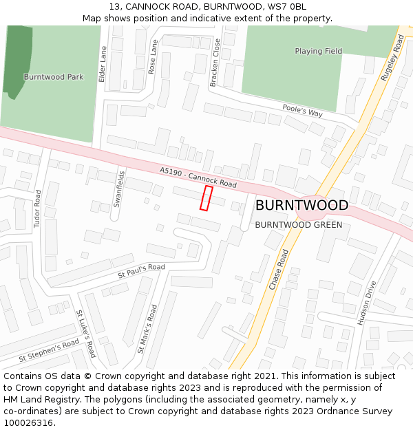 13, CANNOCK ROAD, BURNTWOOD, WS7 0BL: Location map and indicative extent of plot