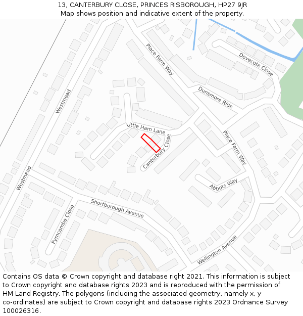 13, CANTERBURY CLOSE, PRINCES RISBOROUGH, HP27 9JR: Location map and indicative extent of plot