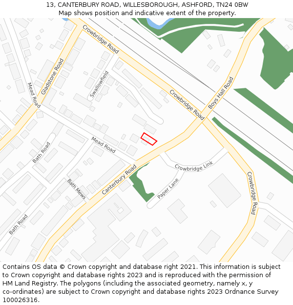 13, CANTERBURY ROAD, WILLESBOROUGH, ASHFORD, TN24 0BW: Location map and indicative extent of plot