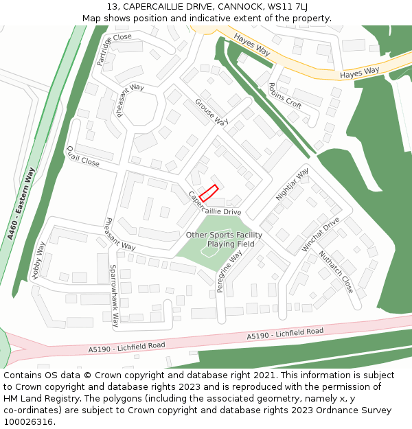 13, CAPERCAILLIE DRIVE, CANNOCK, WS11 7LJ: Location map and indicative extent of plot