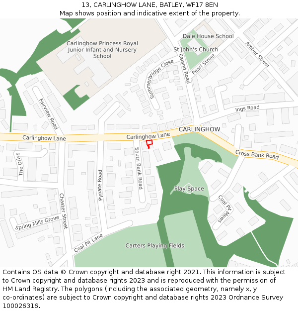 13, CARLINGHOW LANE, BATLEY, WF17 8EN: Location map and indicative extent of plot