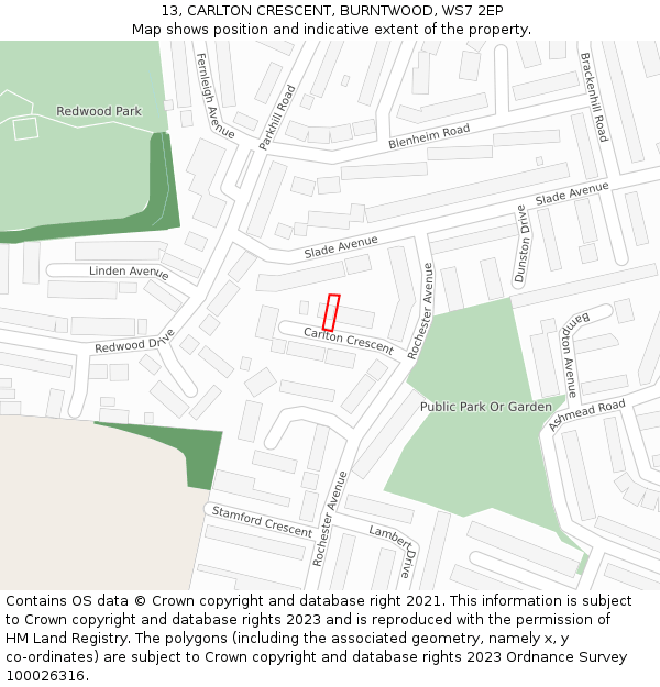 13, CARLTON CRESCENT, BURNTWOOD, WS7 2EP: Location map and indicative extent of plot