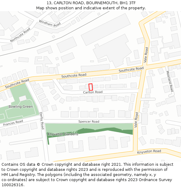 13, CARLTON ROAD, BOURNEMOUTH, BH1 3TF: Location map and indicative extent of plot