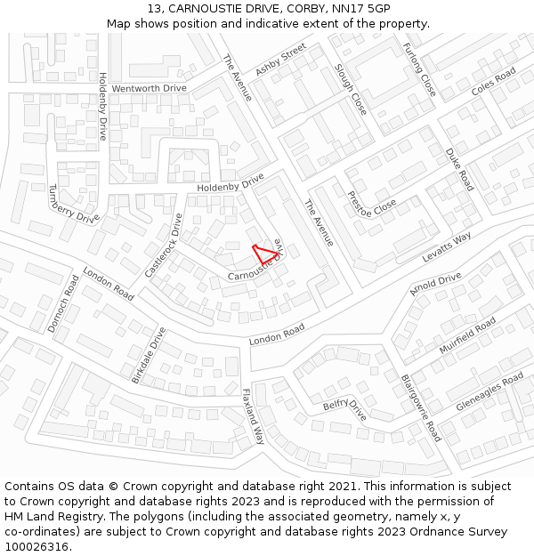 13, CARNOUSTIE DRIVE, CORBY, NN17 5GP: Location map and indicative extent of plot