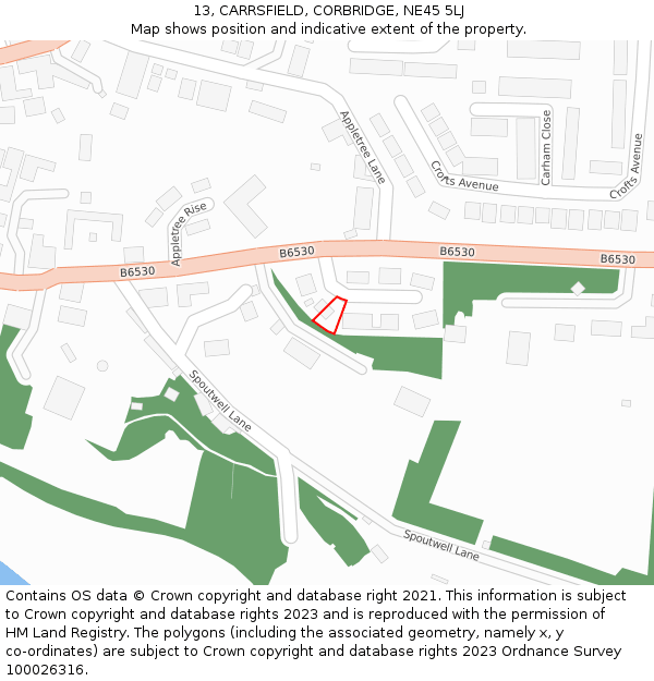 13, CARRSFIELD, CORBRIDGE, NE45 5LJ: Location map and indicative extent of plot