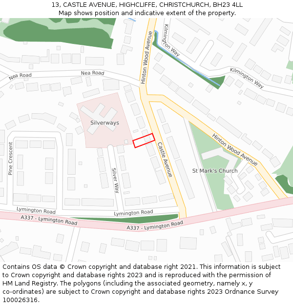 13, CASTLE AVENUE, HIGHCLIFFE, CHRISTCHURCH, BH23 4LL: Location map and indicative extent of plot