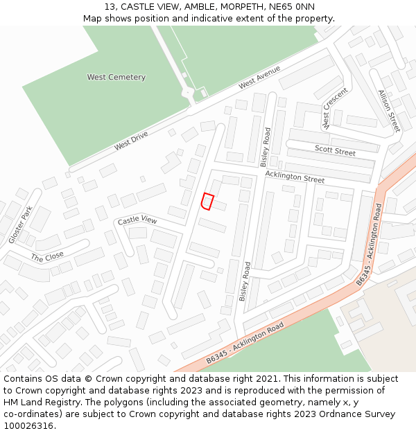 13, CASTLE VIEW, AMBLE, MORPETH, NE65 0NN: Location map and indicative extent of plot